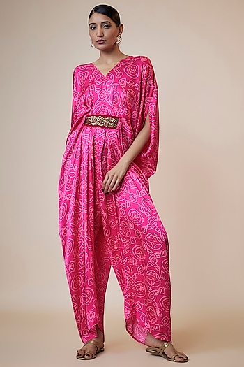 Pink Silk Bandhej Printed Pleated Jumpsuit by Arab Crab at Pernia's Pop Up Shop