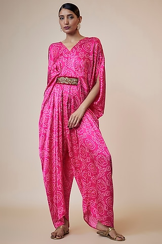 Pink Silk Bandhej Printed Pleated Jumpsuit by Arab Crab