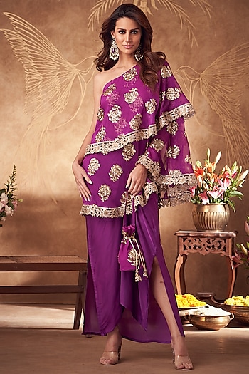 Purple Georgette & Silk Dhoti Skirt Set by Arab Crab at Pernia's Pop Up Shop