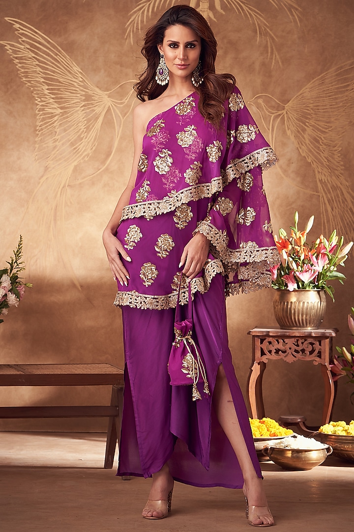 Purple Georgette & Silk Dhoti Skirt Set by Arab Crab