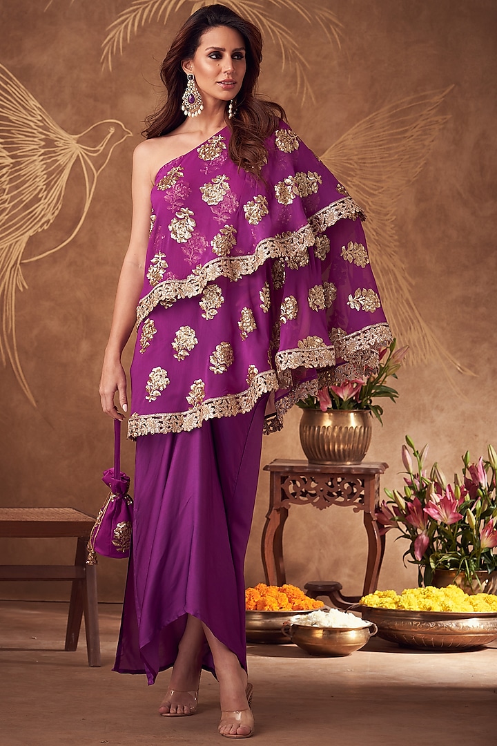 Purple Georgette & Silk Dhoti Skirt Set by Arab Crab at Pernia's Pop Up Shop
