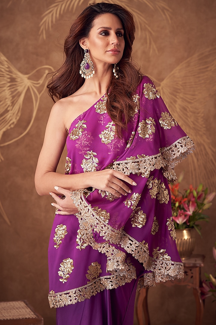 Purple Georgette & Silk Dhoti Skirt Set by Arab Crab at Pernia's Pop Up Shop
