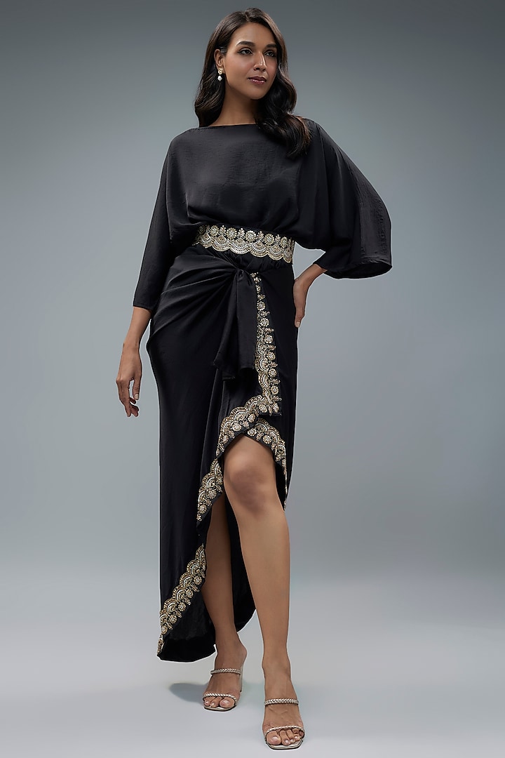 Black Silk Lace Hand Embroidered Draped Dress by Arab Crab