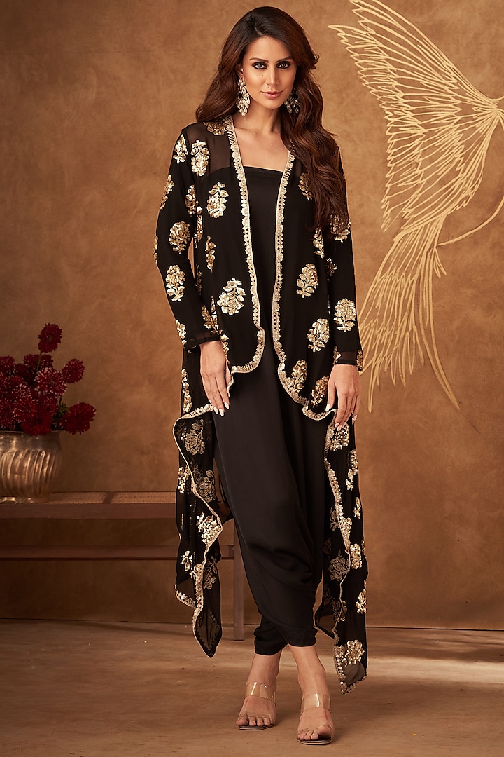 Black Georgette & Silk Embroidered Jacket With Jumper by Arab Crab at Pernia's Pop Up Shop