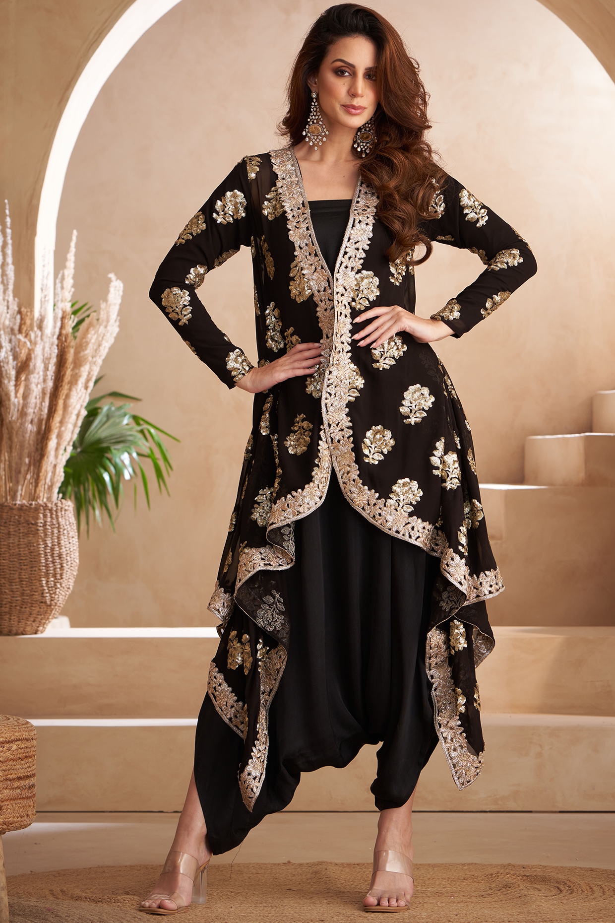 Black Georgette & Silk Embroidered Jacket With Jumper by Arab Crab