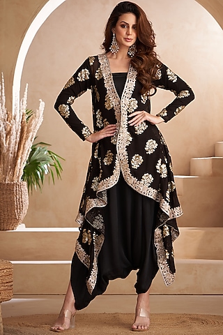 Black Georgette & Silk Embroidered Jacket With Jumper by Arab Crab