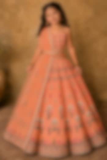 Coral Raw Silk Printed & Embroidered Lehenga Set For Girls by Archana Kochhar Kids at Pernia's Pop Up Shop