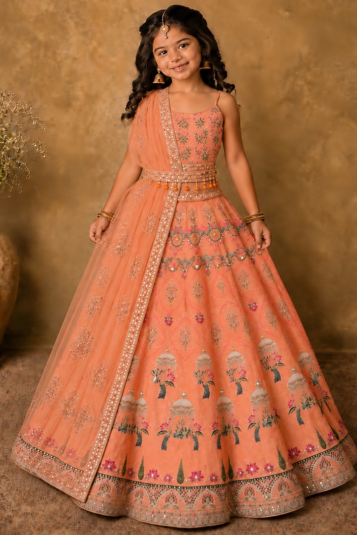 Coral Raw Silk Printed & Embroidered Lehenga Set For Girls by Archana Kochhar Kids at Pernia's Pop Up Shop