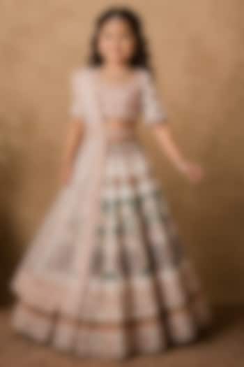 Ivory Raw Silk Digital Printed & Kasab Embroidered Lehenga Set For Girls by Archana Kochhar Kids at Pernia's Pop Up Shop