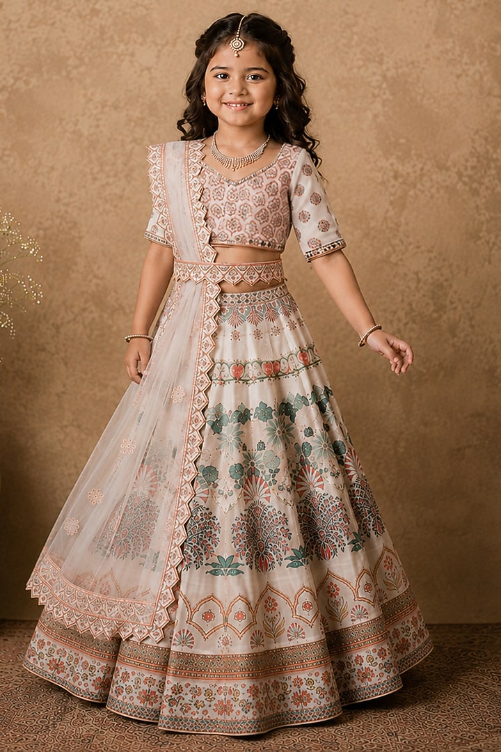 Ivory Raw Silk Digital Printed & Kasab Embroidered Lehenga Set For Girls by Archana Kochhar Kids at Pernia's Pop Up Shop