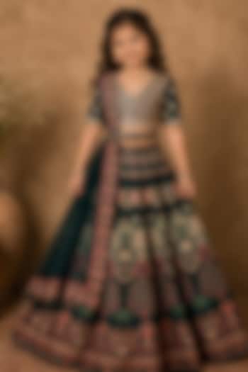 Green Raw Silk Digital Printed & Kasab Embroidered Lehenga Set For Girls by Archana Kochhar Kids at Pernia's Pop Up Shop