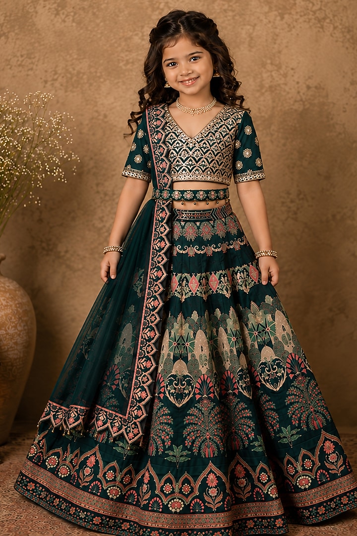 Green Raw Silk Digital Printed & Kasab Embroidered Lehenga Set For Girls by Archana Kochhar Kids at Pernia's Pop Up Shop