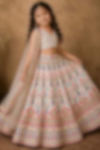 Ivory Raw Silk Mirror & Kasab Embroidered Digital Printed Lehenga Set For Girls by Archana Kochhar Kids at Pernia's Pop Up Shop