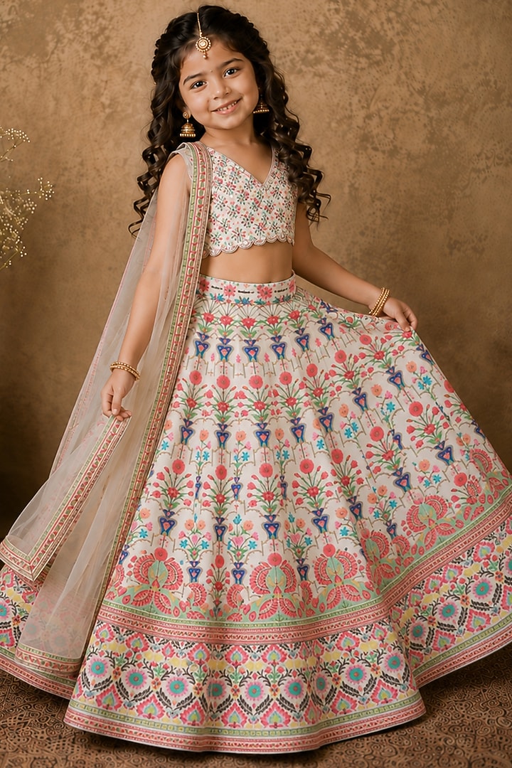 Ivory Raw Silk Mirror & Kasab Embroidered Digital Printed Lehenga Set For Girls by Archana Kochhar Kids at Pernia's Pop Up Shop