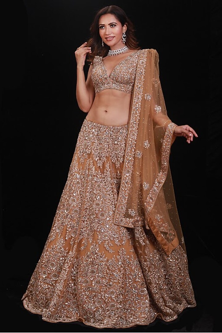 Golden Net Cutdana Embroidered Bridal Lehenga Set by Archana Kochhar at Pernia's Pop Up Shop