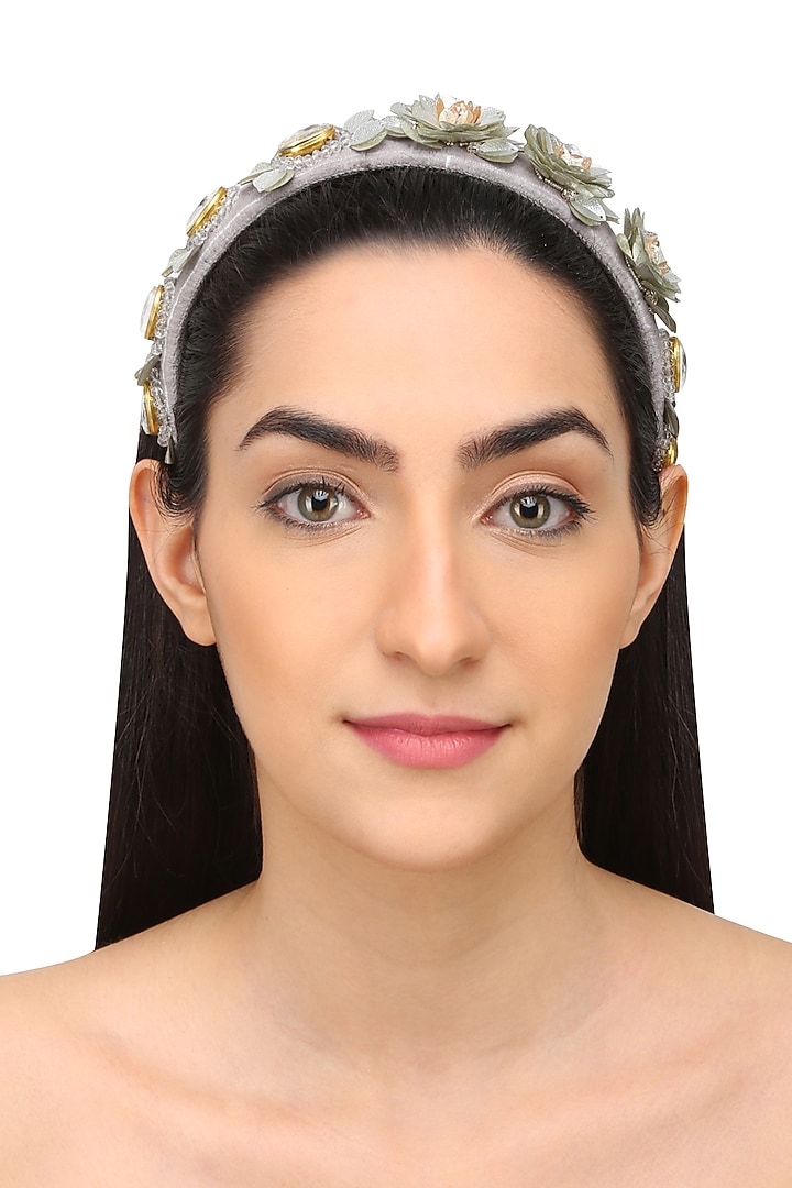 Studio Accessories presents Grey and green sequins and crystal embellished woven hairband available only at Pernia's Pop Up Shop.