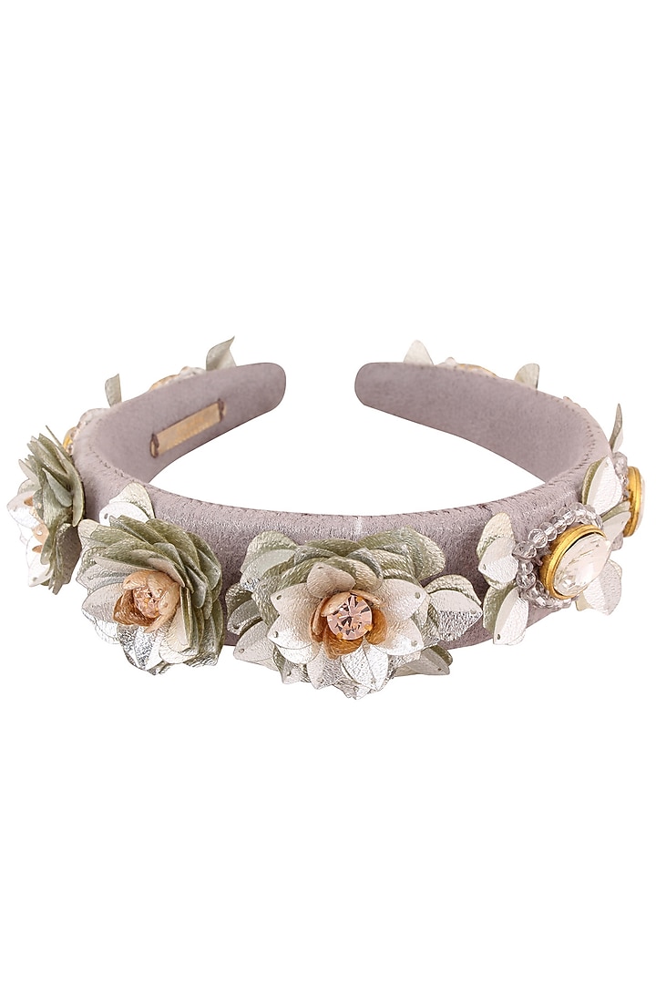 Studio Accessories presents Grey and green sequins and crystal embellished woven hairband available only at Pernia's Pop Up Shop.