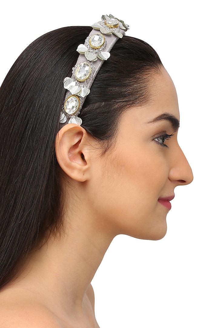 Studio Accessories presents Grey and green sequins and crystal embellished woven hairband available only at Pernia's Pop Up Shop.