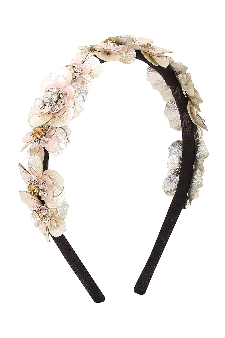 White Floral Sequins and Crystal Embellished Woven Hairband by Studio Accessories