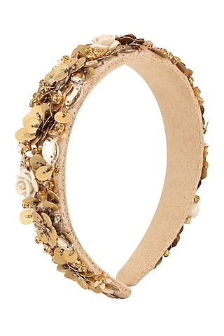 Bronze Floral Sequins and Crystal Embellished Woven Hairband by Studio Accessories