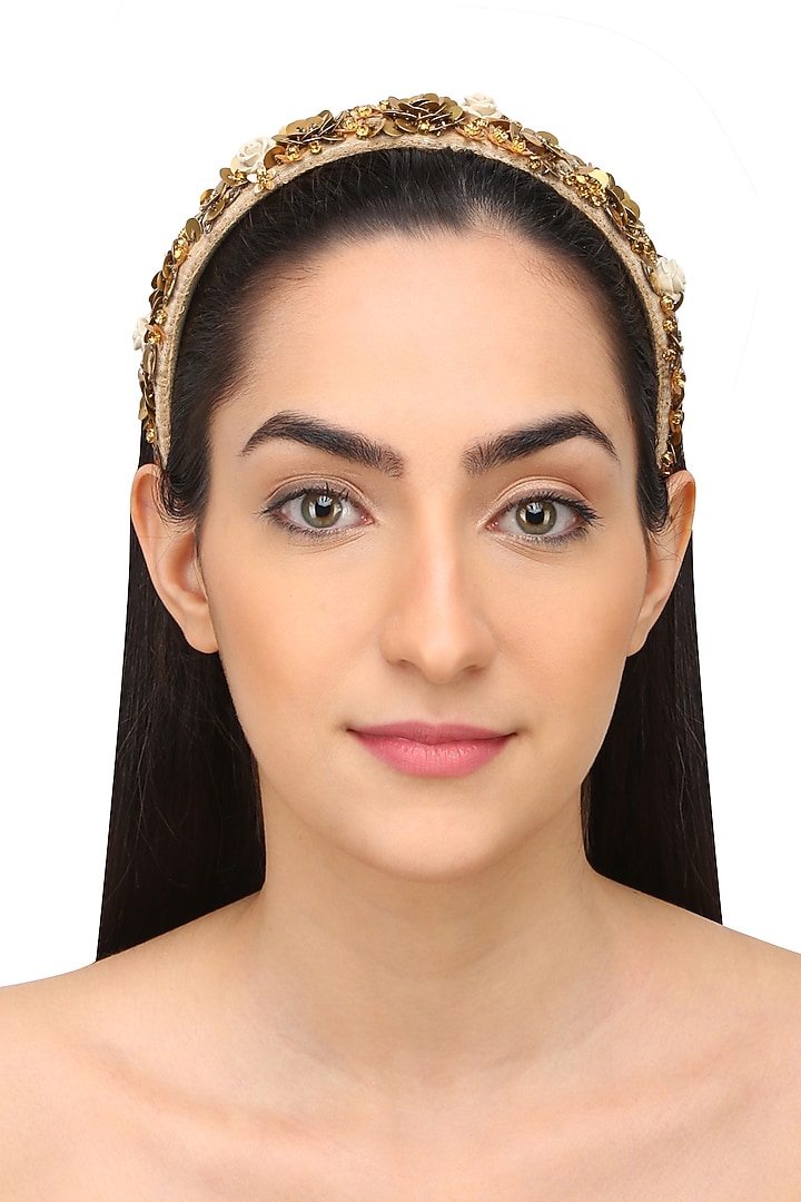 Studio Accessories presents Bronze floral sequins and crystal embellished woven hairband available only at Pernia's Pop Up Shop.