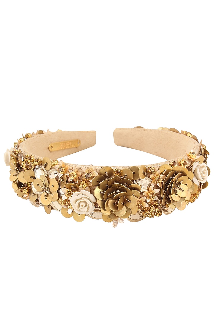 Studio Accessories presents Bronze floral sequins and crystal embellished woven hairband available only at Pernia's Pop Up Shop.