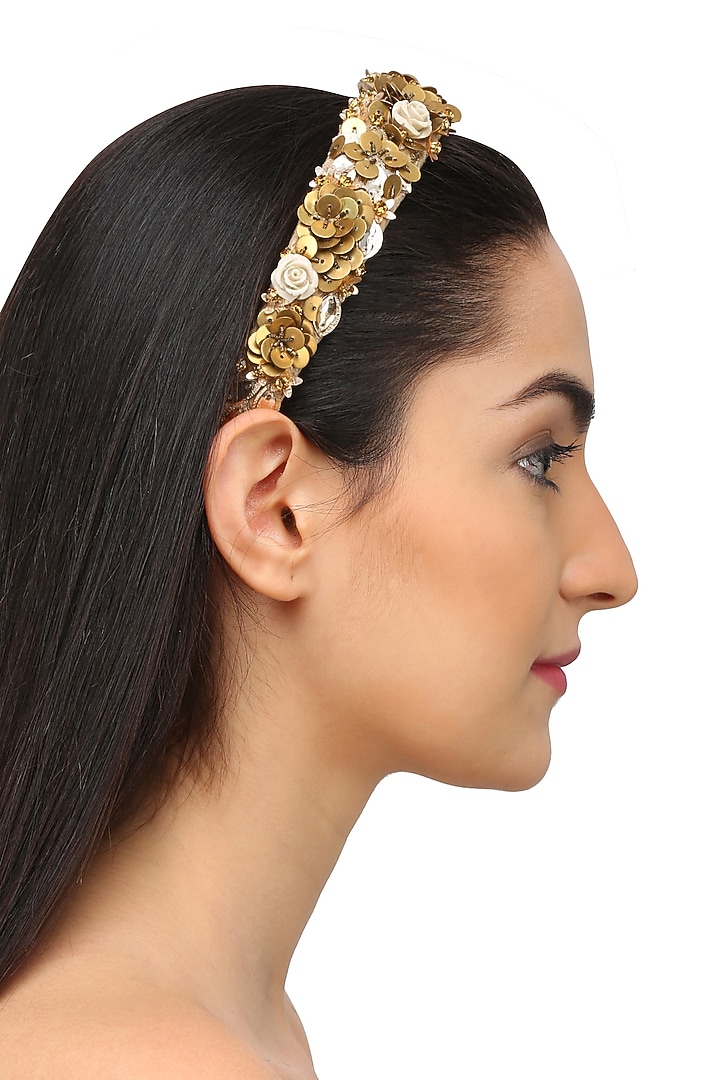 Studio Accessories presents Bronze floral sequins and crystal embellished woven hairband available only at Pernia's Pop Up Shop.