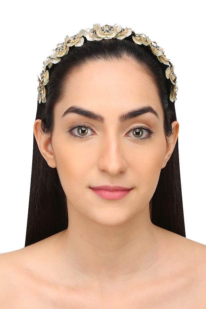 Studio Accessories presents Golden sequinned floral motifs woven hairband available only at Pernia's Pop Up Shop.