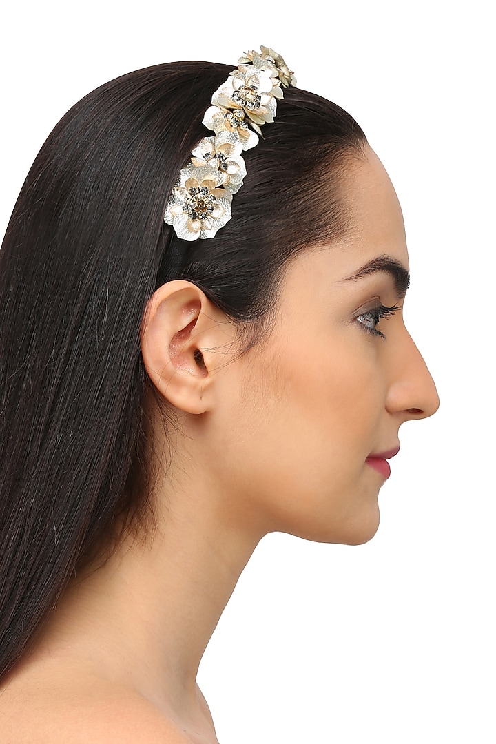 Studio Accessories presents Golden sequinned floral motifs woven hairband available only at Pernia's Pop Up Shop.