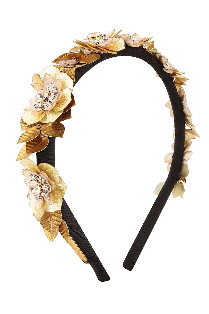 Golden Sequins and Crystal Floral Motifs Woven Hairband by Studio Accessories