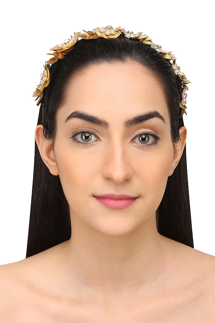 Studio Accessories presents Golden sequins and crystal floral motifs woven hairband available only at Pernia's Pop Up Shop.
