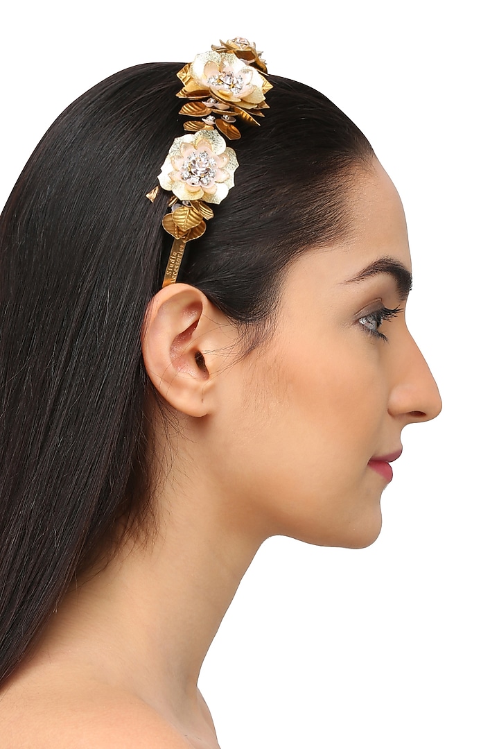 Studio Accessories presents Golden sequins and crystal floral motifs woven hairband available only at Pernia's Pop Up Shop.