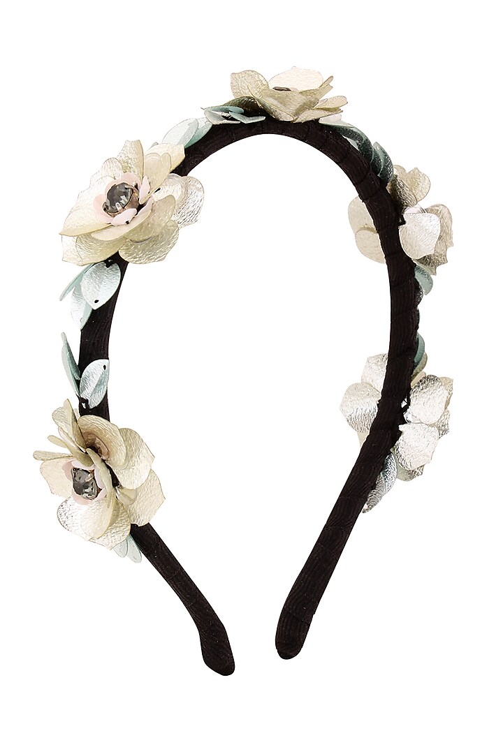 White Sequins and Crystal Floral Motifs Woven Hairband by Studio Accessories