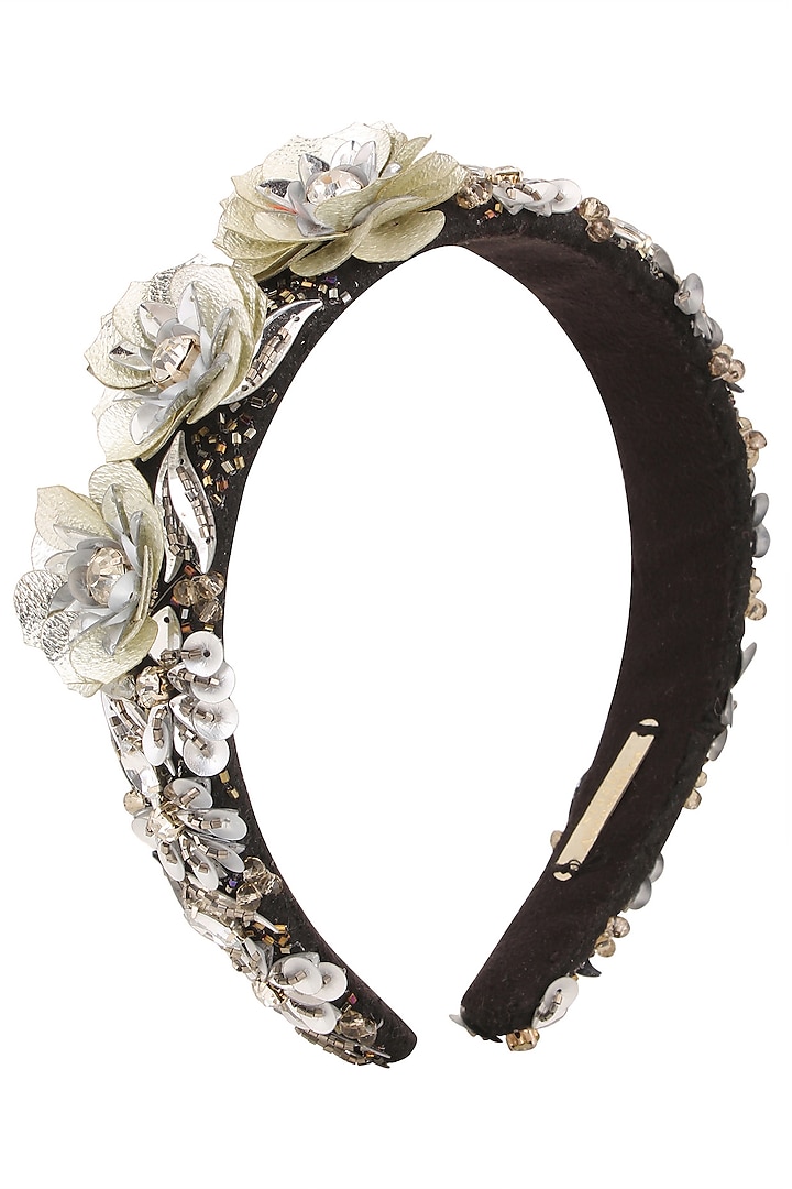 Grey Sequins and Crystal Floral Motifs Woven Hairband by Studio Accessories