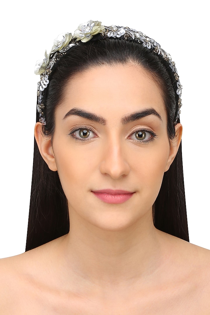 Studio Accessories presents Grey sequins and crystal floral motifs woven hairband available only at Pernia's Pop Up Shop.