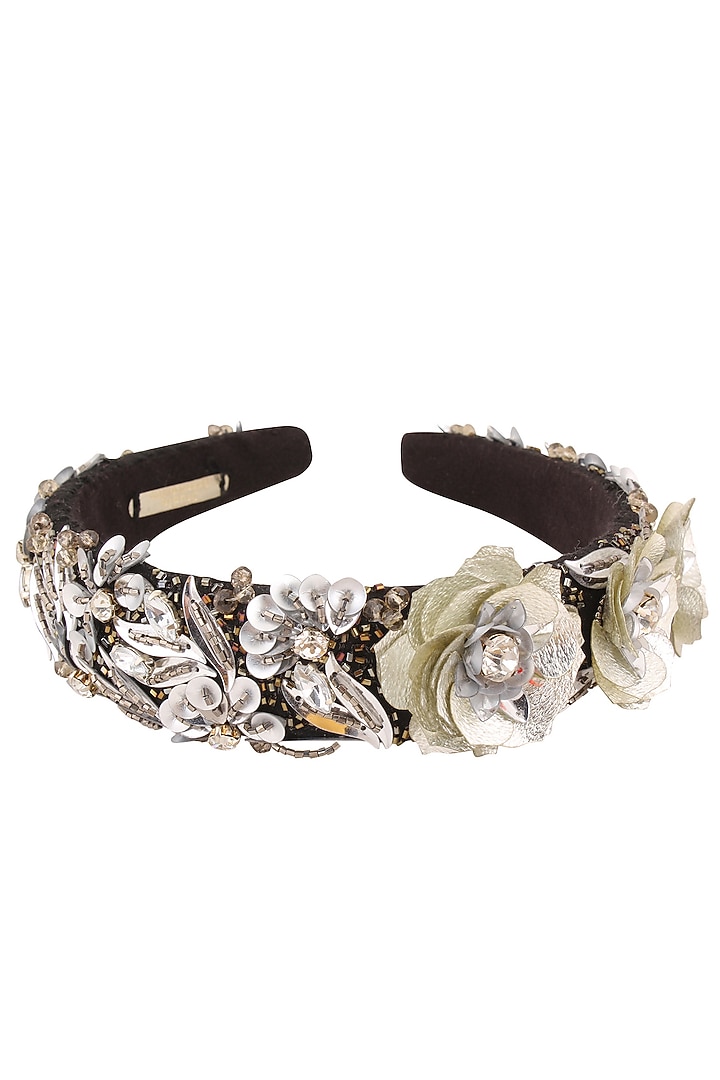 Studio Accessories presents Grey sequins and crystal floral motifs woven hairband available only at Pernia's Pop Up Shop.