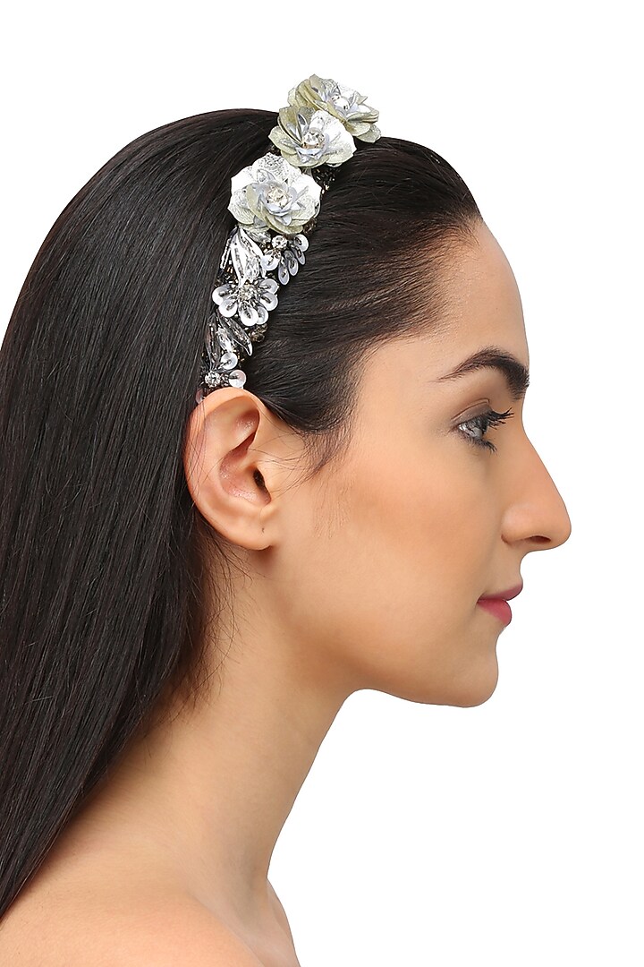 Studio Accessories presents Grey sequins and crystal floral motifs woven hairband available only at Pernia's Pop Up Shop.