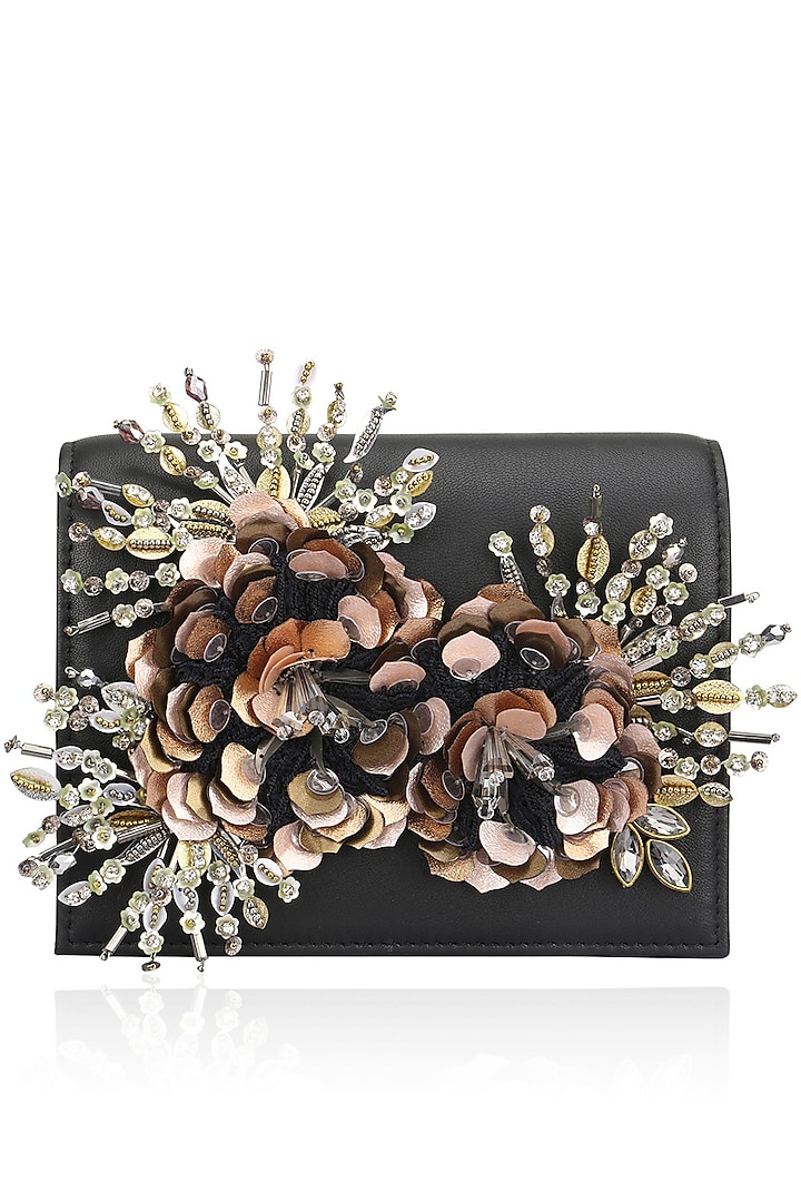 Black Crystal and Sequins Floral Motif Clutch by Studio Accessories