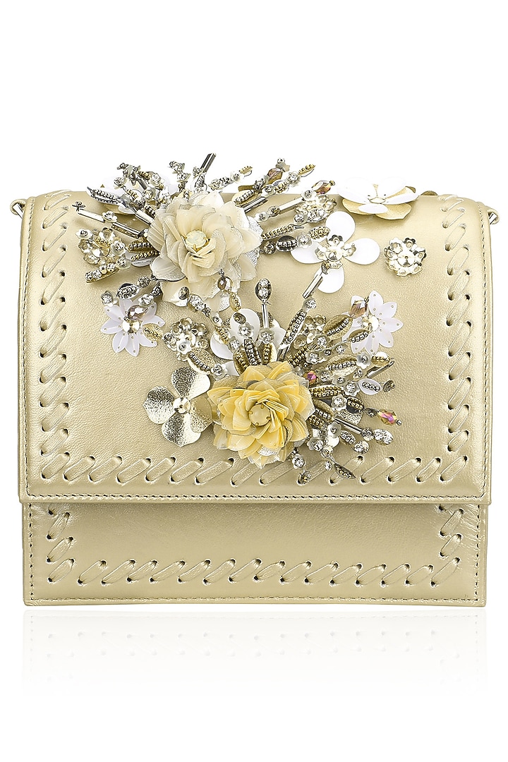 Gold and Yellow Crystal and Sequins Floral Motif Clutch by Studio Accessories