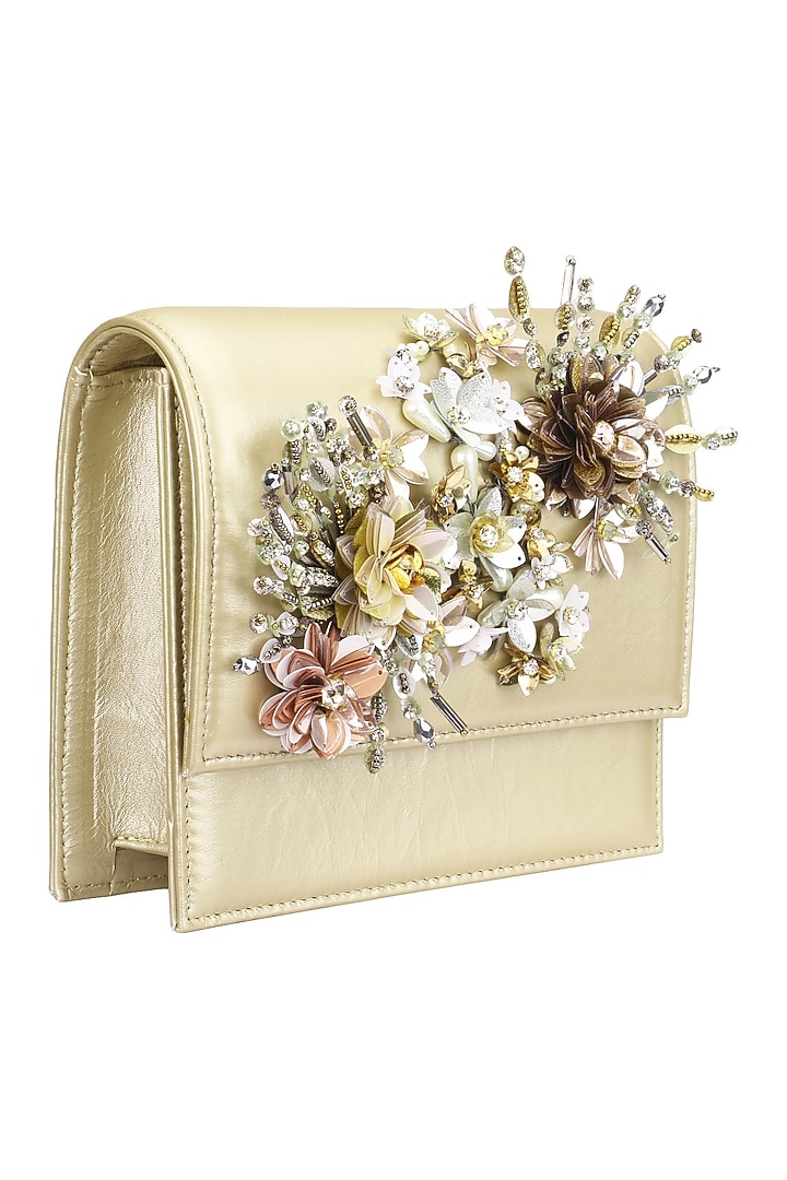 Studio Accessories presents Beige crystal and sequins floral motif clutch available only at Pernia's Pop Up Shop.