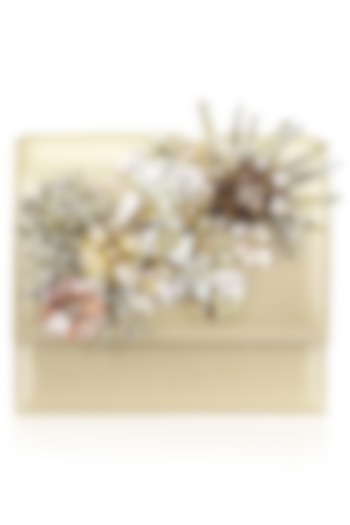 Studio Accessories presents Beige crystal and sequins floral motif clutch available only at Pernia's Pop Up Shop.