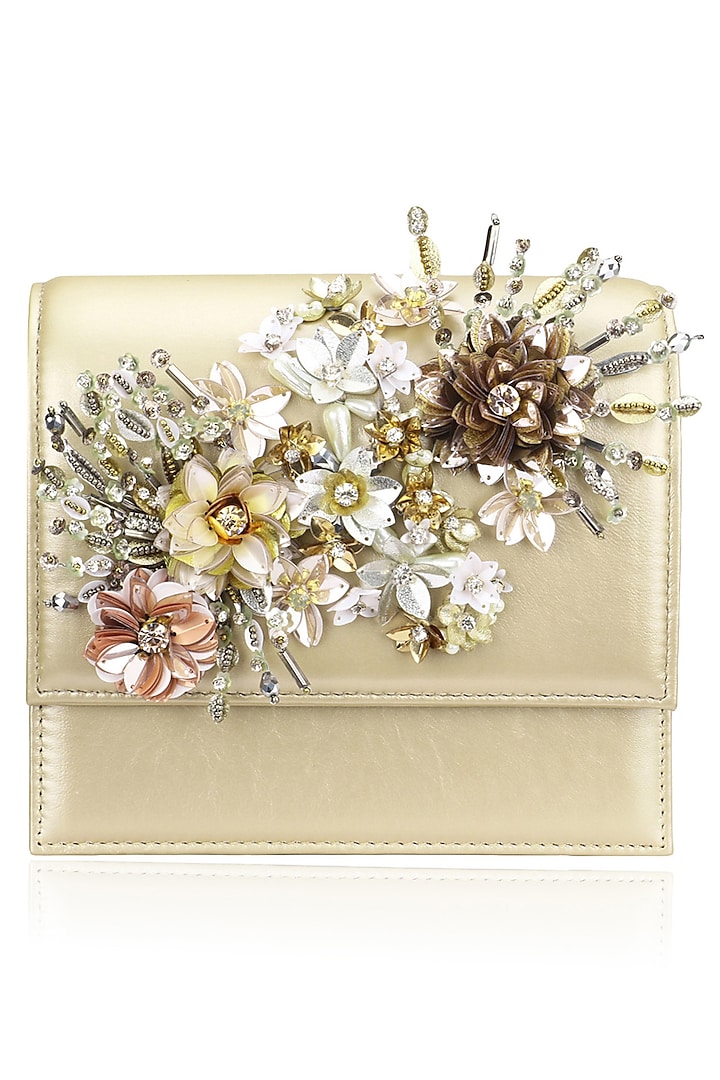 Beige Crystal and Sequins Floral Motif Clutch by Studio Accessories