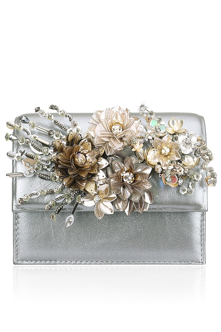 Grey Crystal and Sequins Floral Motif Clutch by Studio Accessories