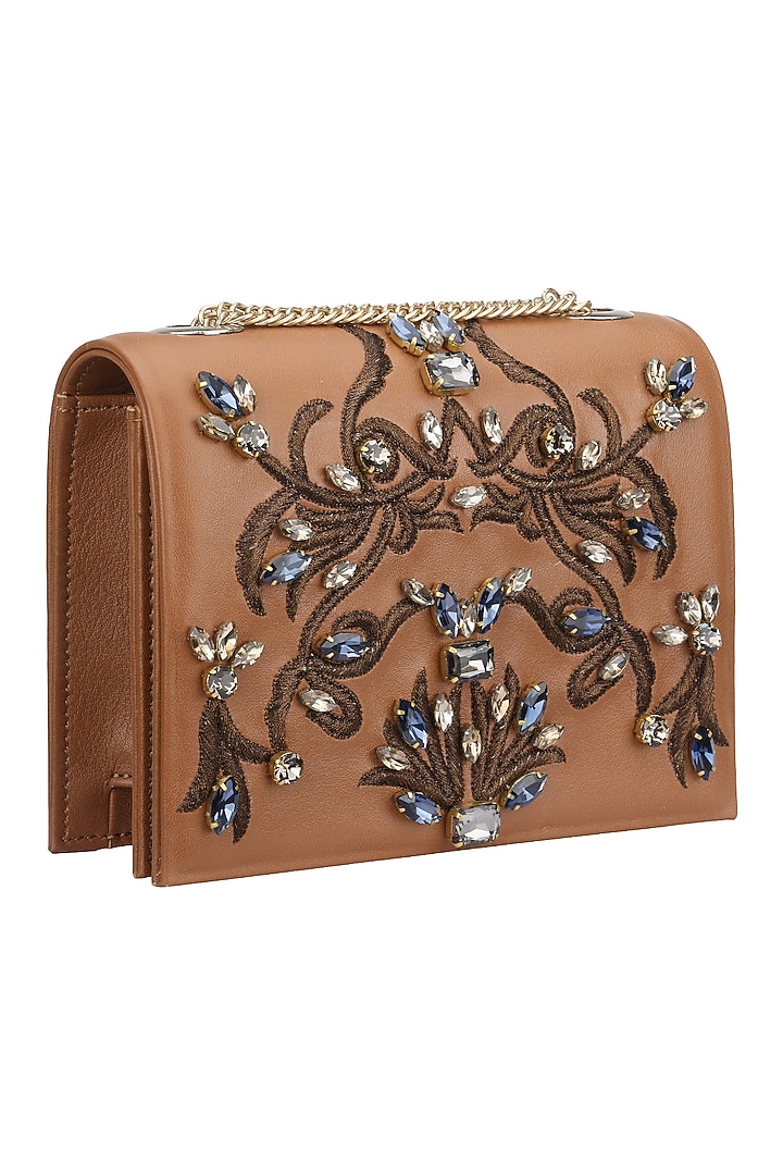 Studio Accessories presents Tan beaded floral motif clutch available only at Pernia's Pop Up Shop.