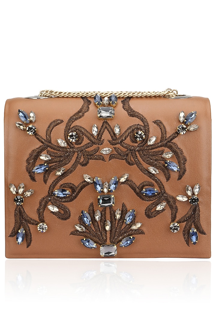 Tan Beaded Floral Motif Clutch by Studio Accessories
