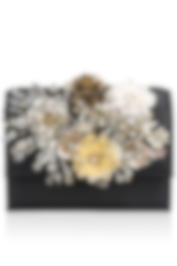 Multicolor Crystal and Sequins Floral Motif Black Base Clutch by Studio Accessories