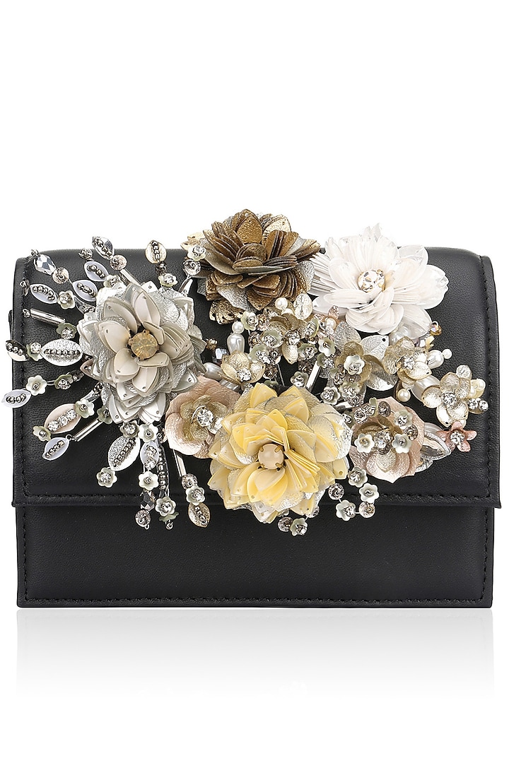 Multicolor Crystal and Sequins Floral Motif Black Base Clutch by Studio Accessories