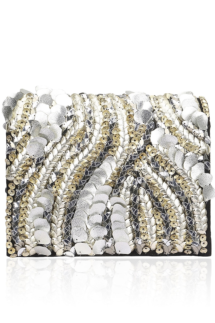 Black and Silver Crystal and Sequins Leaf Motif Clutch by Studio Accessories