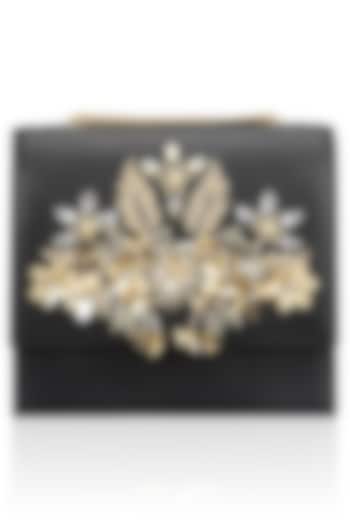 Black and Gold Crystal and Sequins Floral Motif Clutch by Studio Accessories