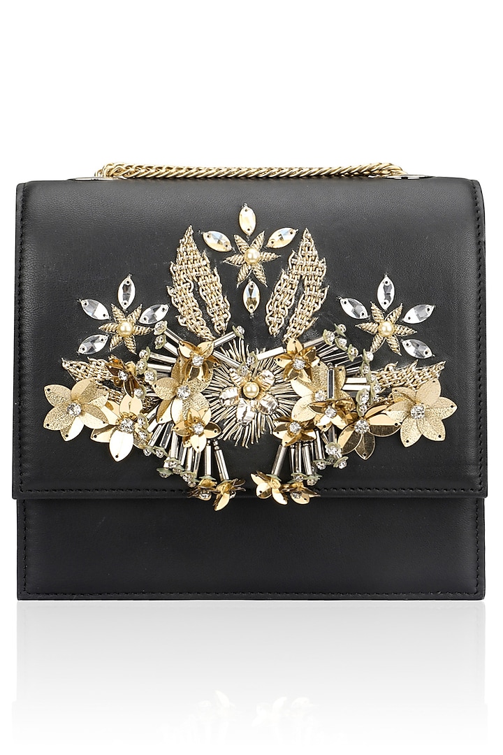 Black and Gold Crystal and Sequins Floral Motif Clutch by Studio Accessories